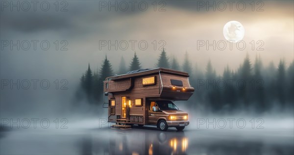 Camper van wooden motorhome, creative high-tech motorhome two-level in nature. Outdoor recreation,