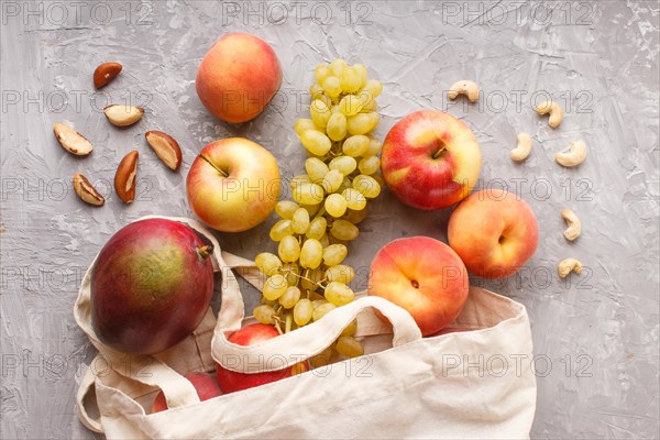 Fruits in reusable cotton textile white bag. Zero waste shopping, storage and recycling concept,