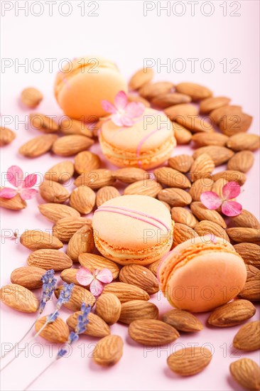 Orange macarons or macaroons cakes with almond nuts on pastel pink background. side view, close up,