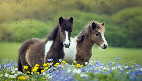 KI generated, animal, animals, mammal, mammals, biotope, habitat, two, flower meadow, foraging,