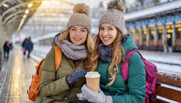 AI generated, Two young blonde woman want to travel and wait in the station for the train, 20, 25,