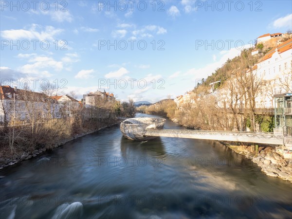 Futuristic Mur Island in the River Mur, artificial island in the river, Graz, Styria, Austria,