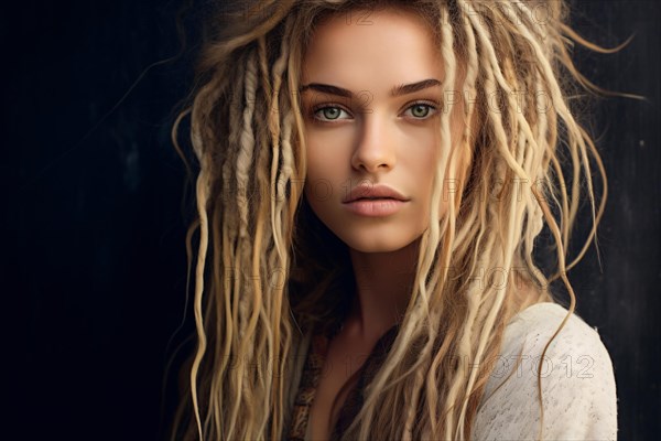 Portrait of young beautiful Caucasian woman with long blond dreadlocks. KI generiert, generiert AI
