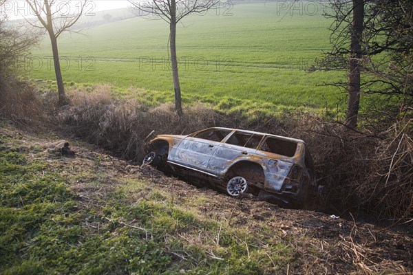 Burnt our vehicle in ditch in Essex countryside, England, United Kingdom, Europe
