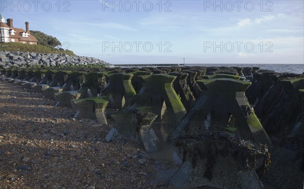 Coastal defences on the North Sea coast in East Anglia at Cobbold's Point, Felixstowe, Suffolk,