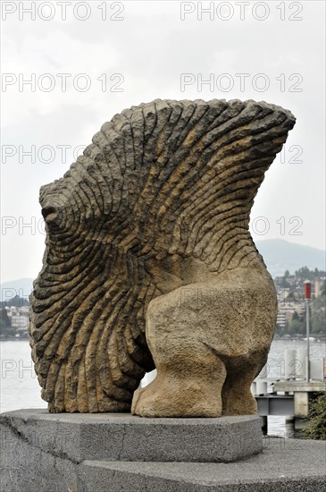 Homme Poisson Volant, sculpture by Gaspard Delachaux, 1985, Montreux, Lake Geneva, Canton of Vaud,