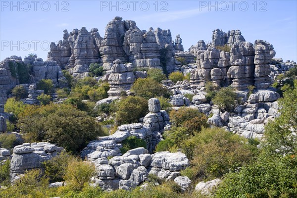 Dramatic limestone scenery of rocks shaped by erosion and weathering at El Torcal de Antequera