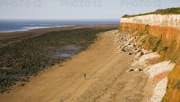 Chalk, red chalk and carstone form striped cliffs of white, red and orange at Hunstanton, Norfolk,