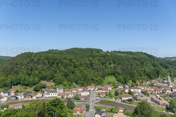 View from the ruins of Luetzelbourg to the village of Lutzelbourg with the Rhine-Marne Canal,