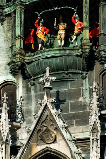 Clock tower chimes, carillon of the new town hall at Marienplatz, Mary's square, Munich, Bavaria,