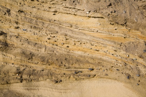 Pleistocene ice age outwash deposits in sedimentary Red Crag rock strata of cliff face, Suffolk
