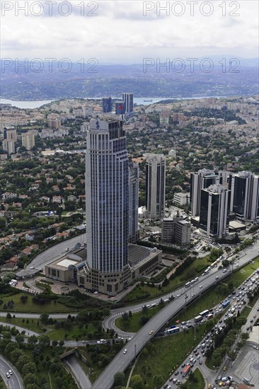 Is Kuleleri skyscraper and Bosphorus, view from Istanbul Sapphire, financial district, Levent,