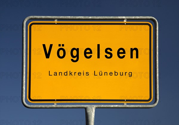 Town sign Voegelsen, joint municipality of Bardowick, district of Lueneburg, Lower Saxony, Germany,