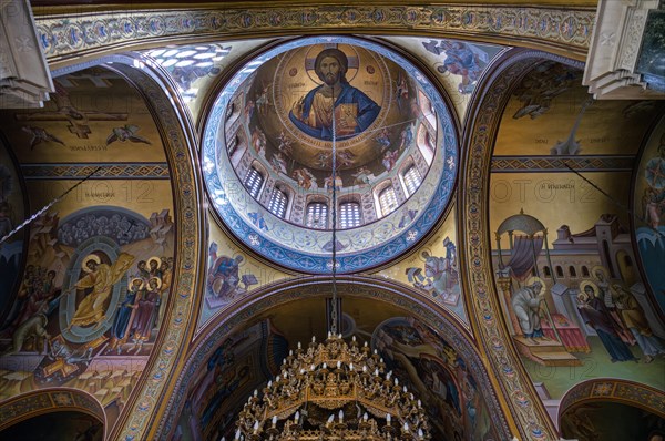 Interior view of Ieros Naos Panagias Dexias church, dome, mosaic, chandelier, Thessaloniki,