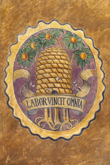 Stein am Rhein, historic old town, mural painting, Labor vincit omnia, labour conquers all,