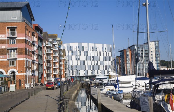 Modern university building at centre of waterfront urban redevelopment, Wet Dock, Ipswich, Suffolk,
