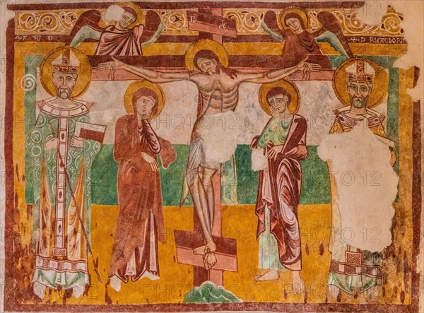 Frescoes, crucifixion scene, Basilica of Aquileia from the 11th century, largest floor mosaic of