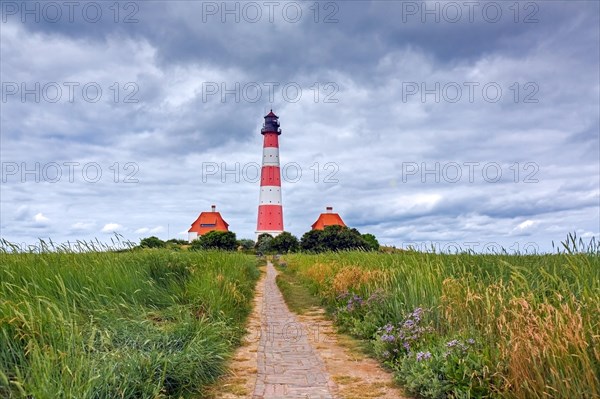 Lighthouse Westerhever, Leuchtturm Westerheversand in summer, Wadden Sea National Park, North