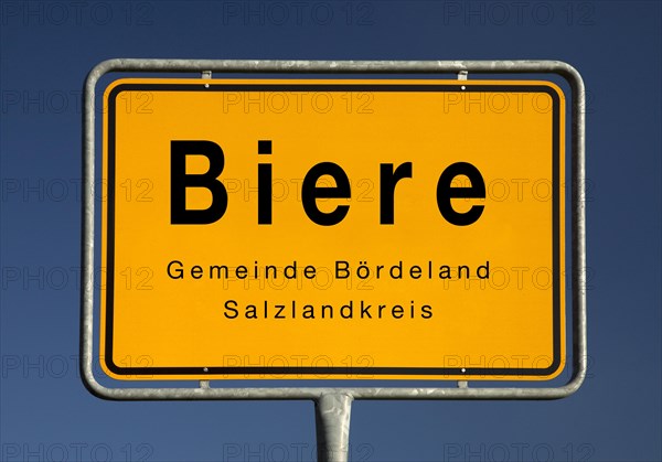 Place name sign Biere, district of the municipality Boerdeland, Salzlandkreis, Saxony-Anhalt,