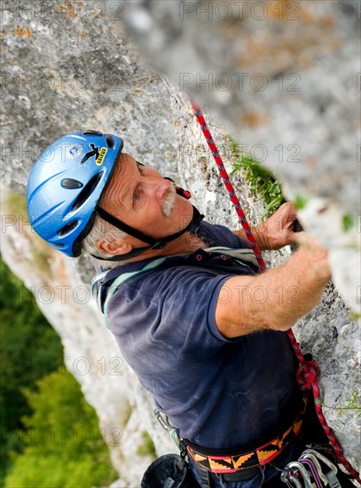 Guenther Strobel, climbing in Danube valley near Sigmaringen, Baden-Wuerttemberg, Germany, vintage,