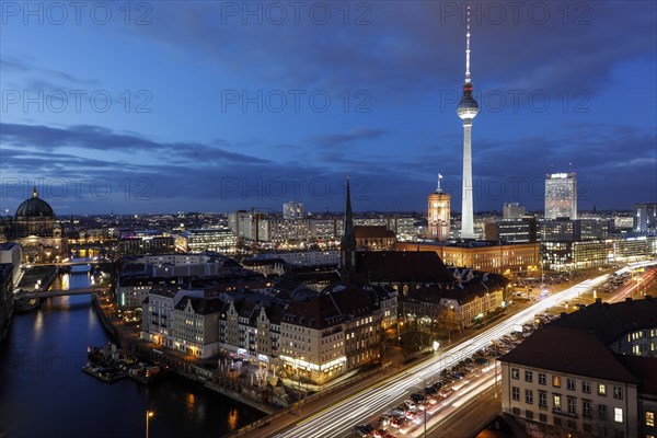 Television tower at Alexanderplatz, Red Town Hall and St Nicholas Church and Cathedral at the blue