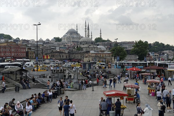 View from the Galata Bridge, Galata Koepruesue, on market and fish stall in Eminoenue