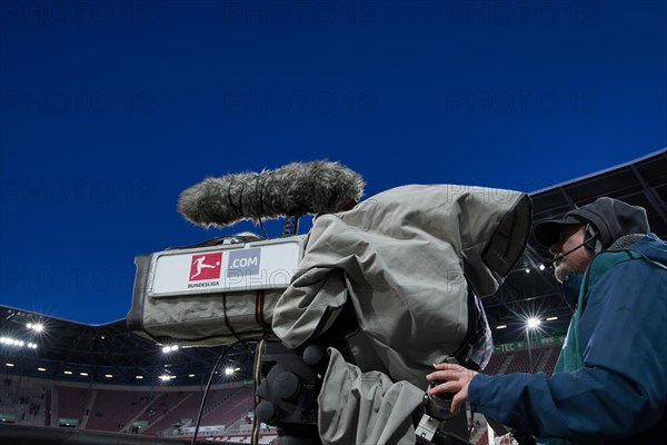 WWK Arena, FC Augsburg FCA, interior, TV camera, logo, Bundesliga, outside microphone, empty