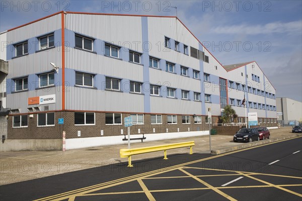Maersk warehouse and shipping office buildings, Port of Felixstowe, Suffolk, England, United