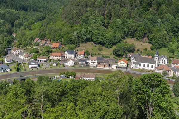 View from the ruins of Luetzelbourg to the village of Lutzelbourg with the Rhine-Marne Canal,