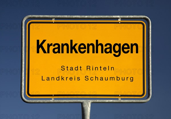 Town sign Krankenhagen, incorporated village of the town of Rinteln, district of Schaumburg, Lower