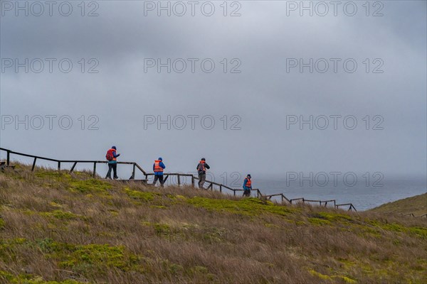 Passengers of the cruise ship Stella Australis in life jackets hike in storm and rain to Cape Horn,