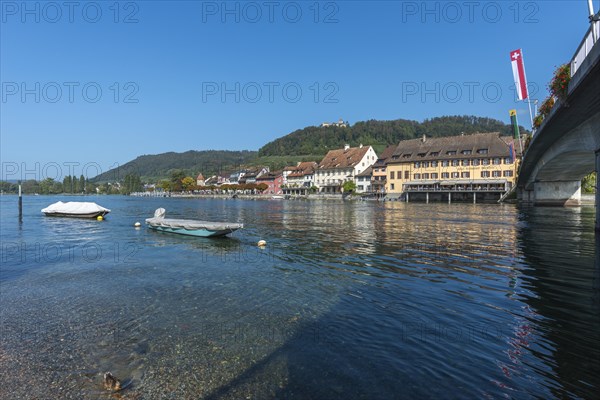 Stein am Rhein, cityscape, panorama, bridge, castle Hohenklingen, mountain, blue sky, canton
