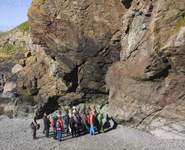 Student group of geologists on a fieldtrip at Polpeor Cove, Lizard Point, Cornwall, England, United