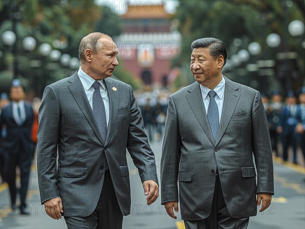 Russian President Vladimir Putin stands with General Secretary of China Xi Jinping, ai generated,