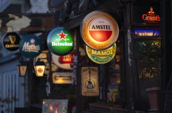 Illuminated advertising for beer brands, Logos, Amstel, Heineken, Mythos, Grants, Bar, Peraia, also