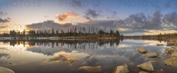View over the Harz Oderteich in winter, reservoir, panorama, landscape format, evening light,