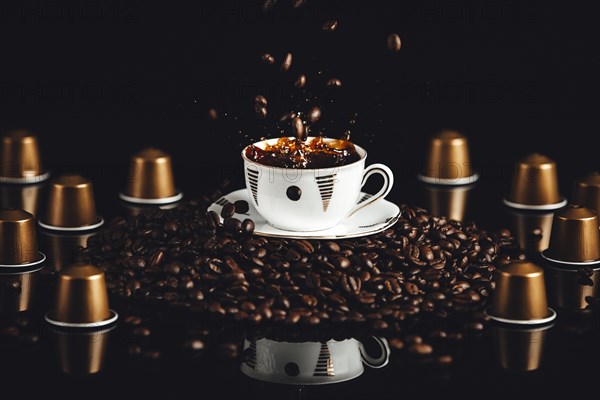 Coffee cup on coffee beans with falling beans and splashes, coffee capsules, reflection, black