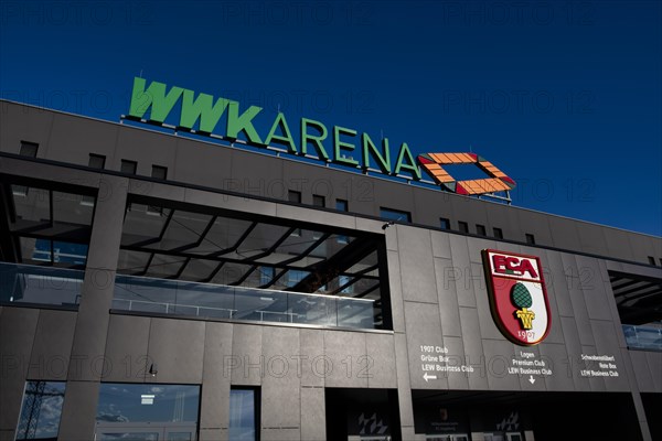 Exterior shot, WWK Arena, FC Augsburg FCA, main entrance, logo, lettering, blue hour, Augsburg,