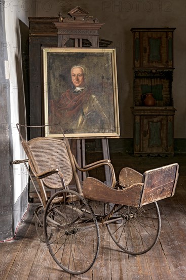 Portrait of Ernst Casimir Count of Ysenburg and Buedingen, painting on easel, old Thonet wheelchair