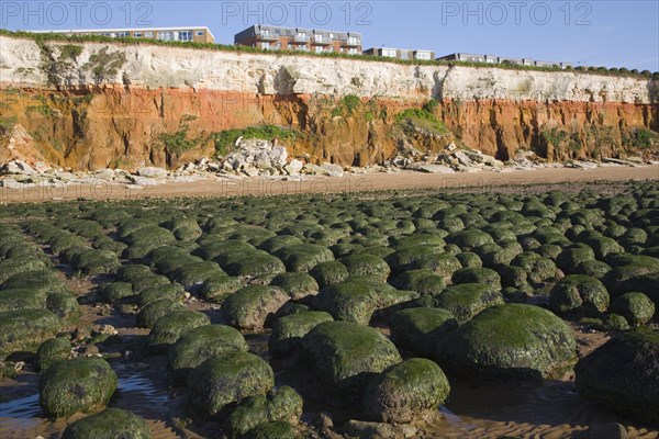 Chalk, red chalk and carstone form striped cliffs of white, red and orange at Hunstanton, Norfolk,