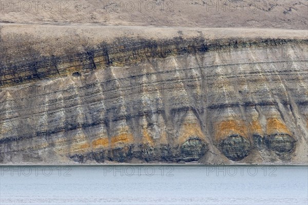Sea cliff showing limestone and sandstone strata from the Permian period along the Hinlopen Strait,