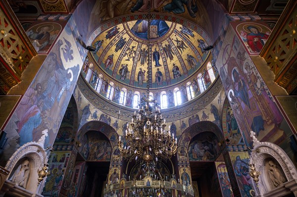 Interior view of the church, Metropolitan Church of St Gregorios Palamas, dome, mosaic, chandelier,