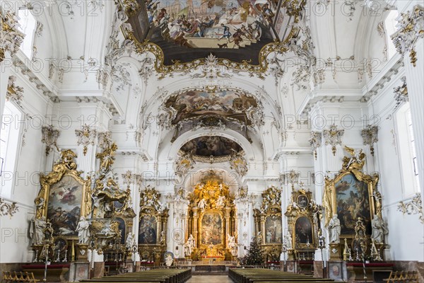 Baroque church, interior view, Marienmuenster, Diessen, Ammersee, Fuenfseenland, Pfaffenwinkel,