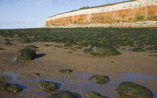 Chalk, red chalk and carstone form striped cliffs of white, red and orange at Hunstanton, Norfolk,