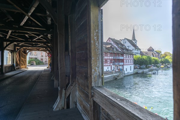 Border town of Dissenhofen on the Rhine, wooden bridge, half-timbered houses, Frauenfeld district,