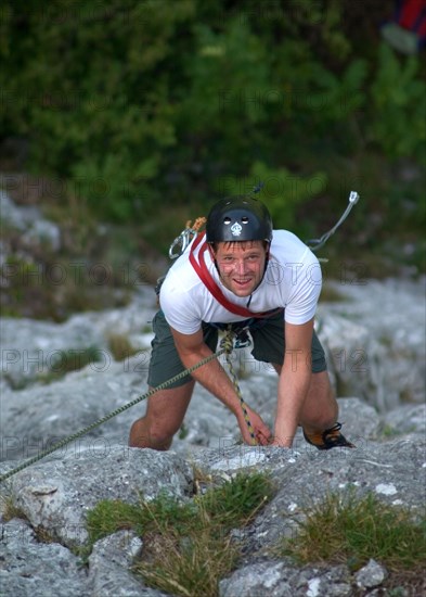 Climber in limestone near Sigmaringen Danube Valley, Baden-Wuerttemberg, Germany, vintage, retro,