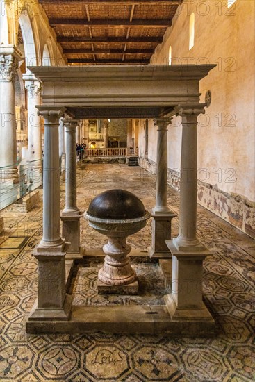 Baptismal font, Basilica of Aquileia from the 11th century, largest floor mosaic of the Western