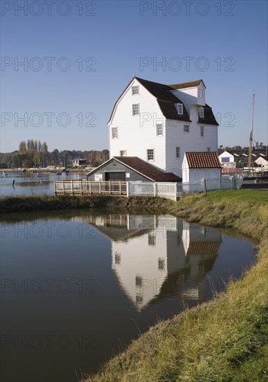 Tide mill pool reflection in mill pond Eiver Deben, Woodbridge, Suffolk, England. The present mill