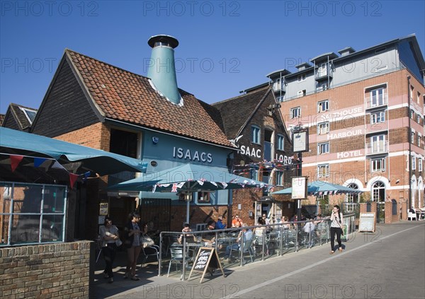 Converted warehouses Isaac Lord pub and Salthouse Harbour hotel, Wet Dock waterfront redevelopment,