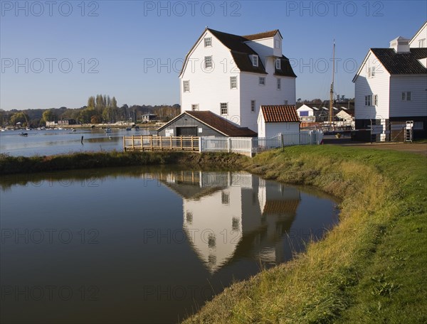 Tide mill pool reflection in mill pond Eiver Deben, Woodbridge, Suffolk, England. The present mill